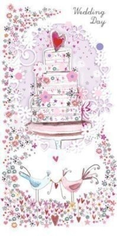Wedding Cake and Love Birds Wedding Card by Paper Rose. Lace and flowers cut-out detail to reveal a floral wedding cake with heart on top. Diamante and sequin details with two love birds underneath. 'Wedding day' on the front. 'With love on your speci